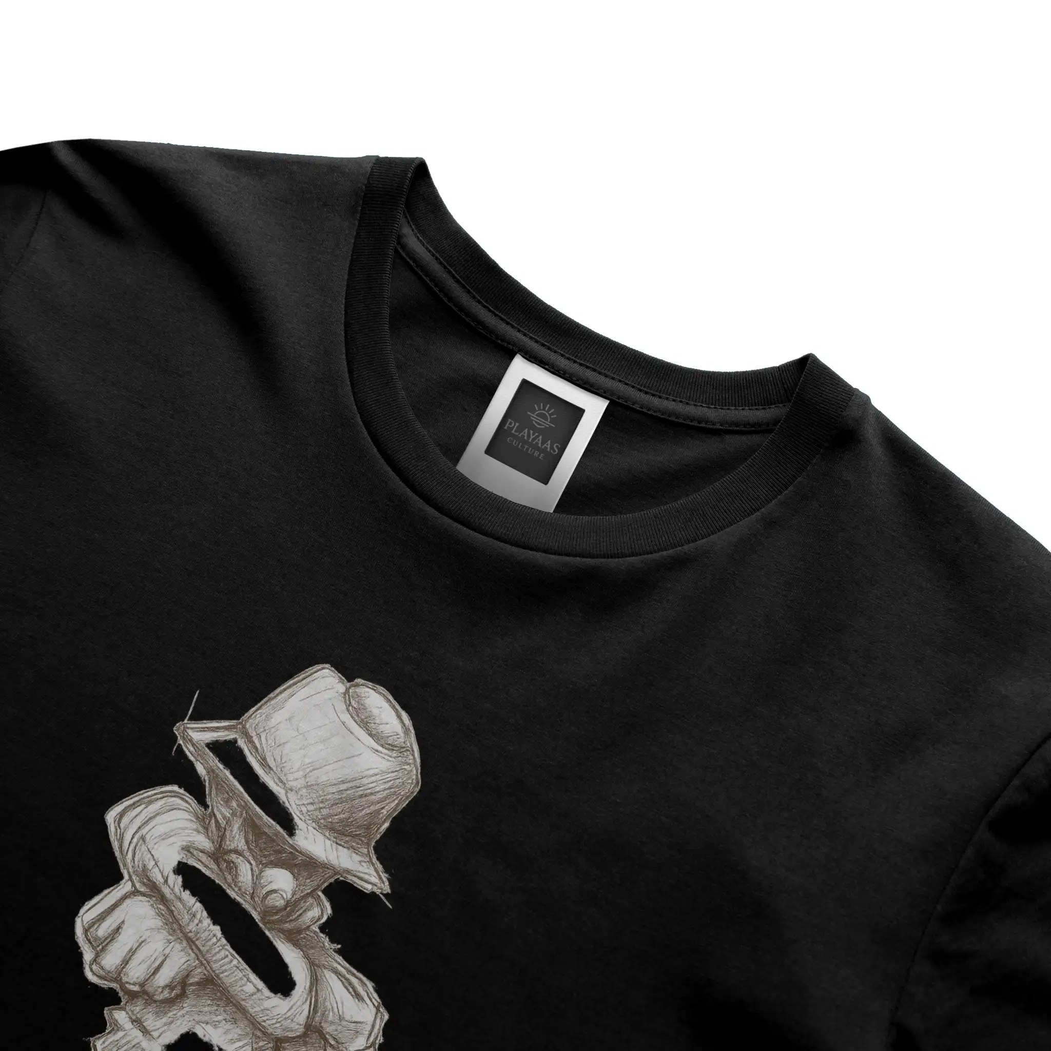 White graphic t-shirt featuring a hand-drawn pencil sketch of a confident figure wearing a bucket hat with arms crossed, printed on a premium cotton tee.