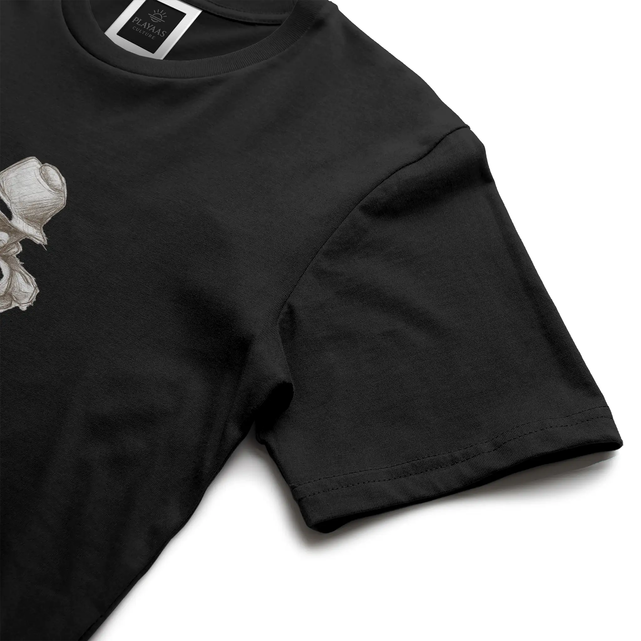 White graphic t-shirt featuring a hand-drawn pencil sketch of a confident figure wearing a bucket hat with arms crossed, printed on a premium cotton tee.