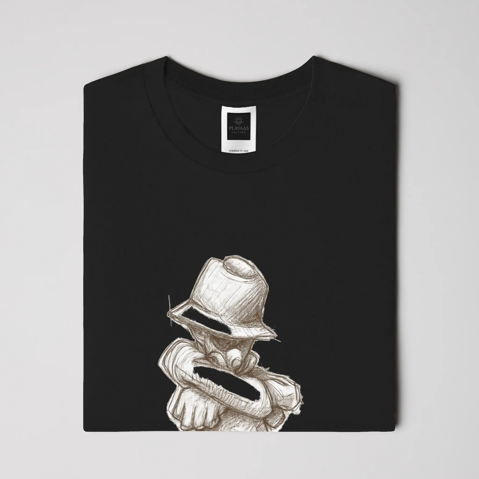 White graphic t-shirt featuring a hand-drawn pencil sketch of a confident figure wearing a bucket hat with arms crossed, printed on a premium cotton tee.