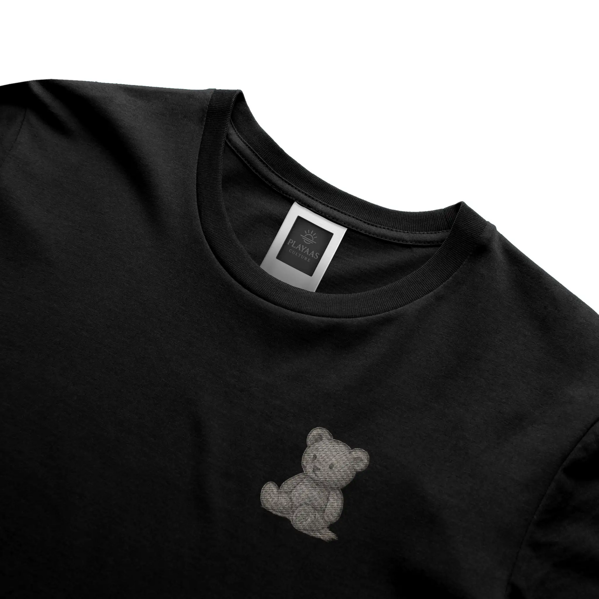Black PLAYAAS CULTURE Raw Icon Teddy Bear Edition T-shirt with minimalist teddy bear chest graphic
