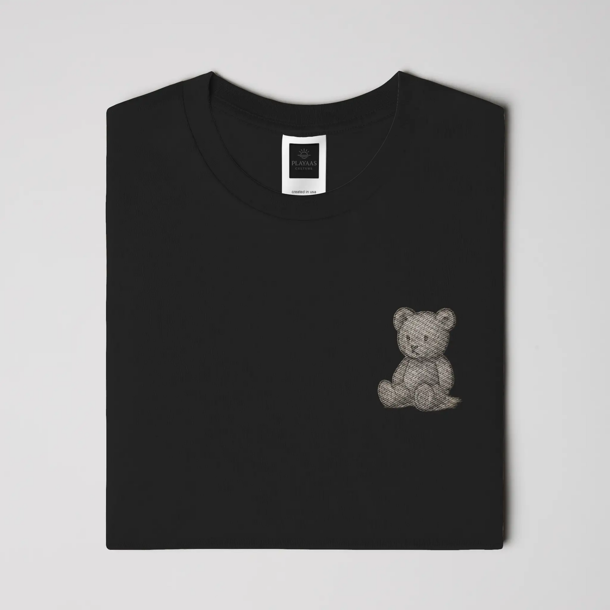 Black PLAYAAS CULTURE Raw Icon Teddy Bear Edition T-shirt with minimalist teddy bear chest graphic