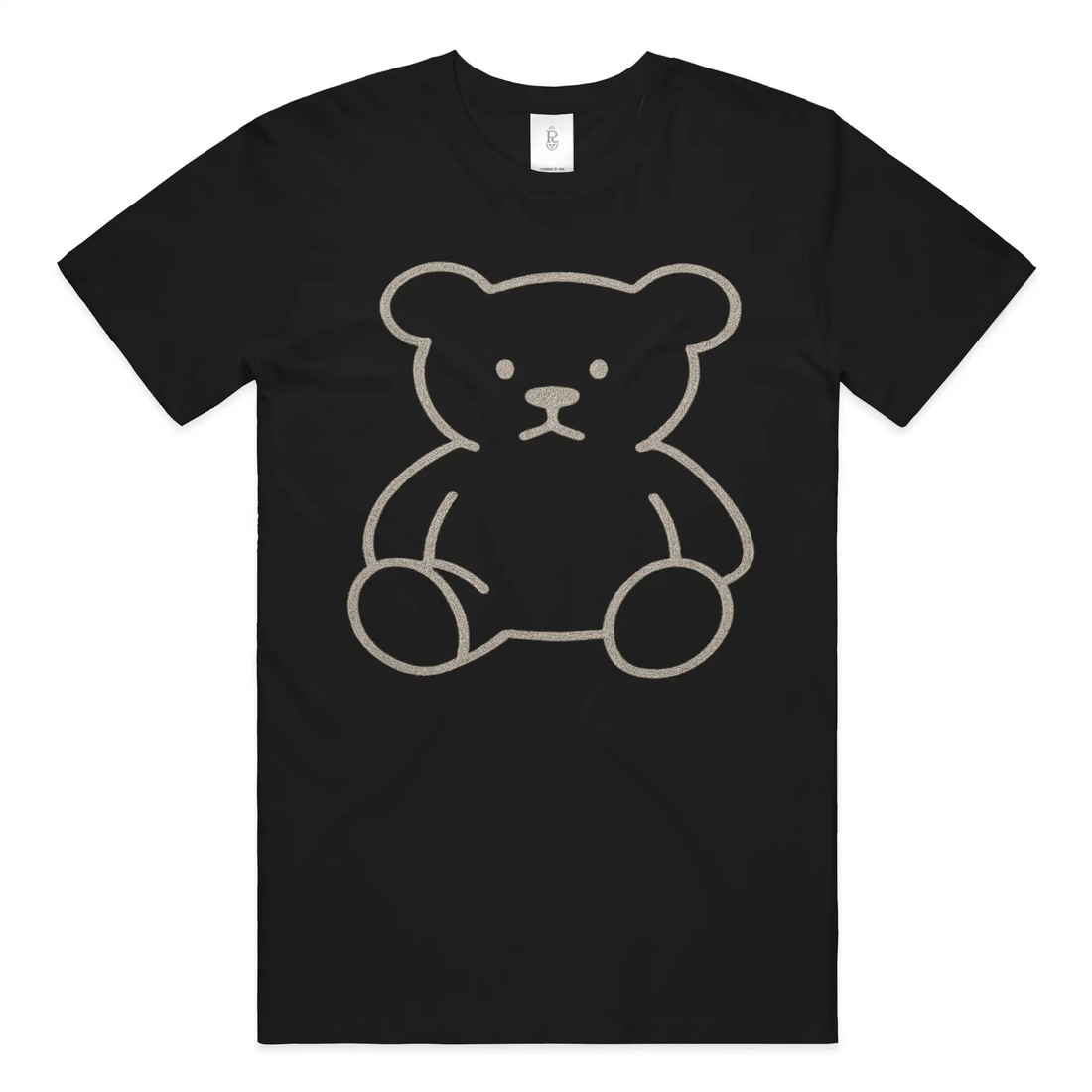 Premium minimalist teddy bear graphic t-shirt with gold crest logo on back in black and white colorways