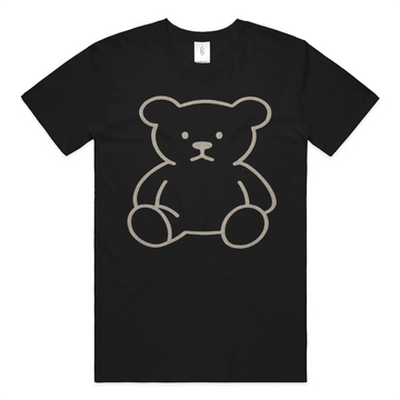 Premium minimalist teddy bear graphic t-shirt with gold crest logo on back in black and white colorways