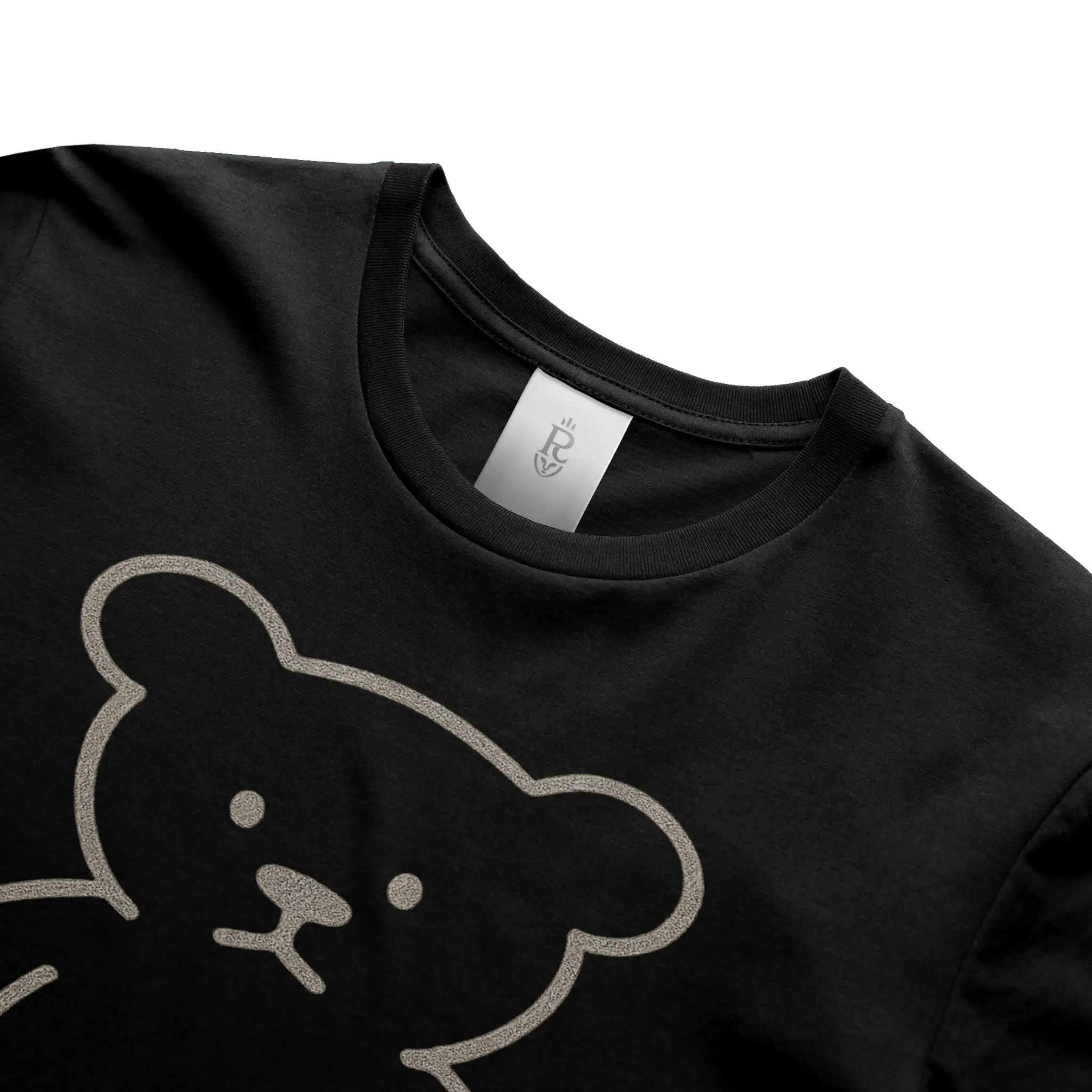 Premium minimalist teddy bear graphic t-shirt with gold crest logo on back in black and white colorways