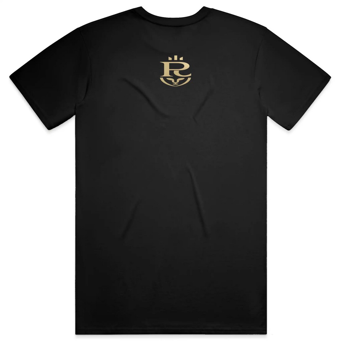 Premium minimalist teddy bear graphic t-shirt with gold crest logo on back in black and white colorways