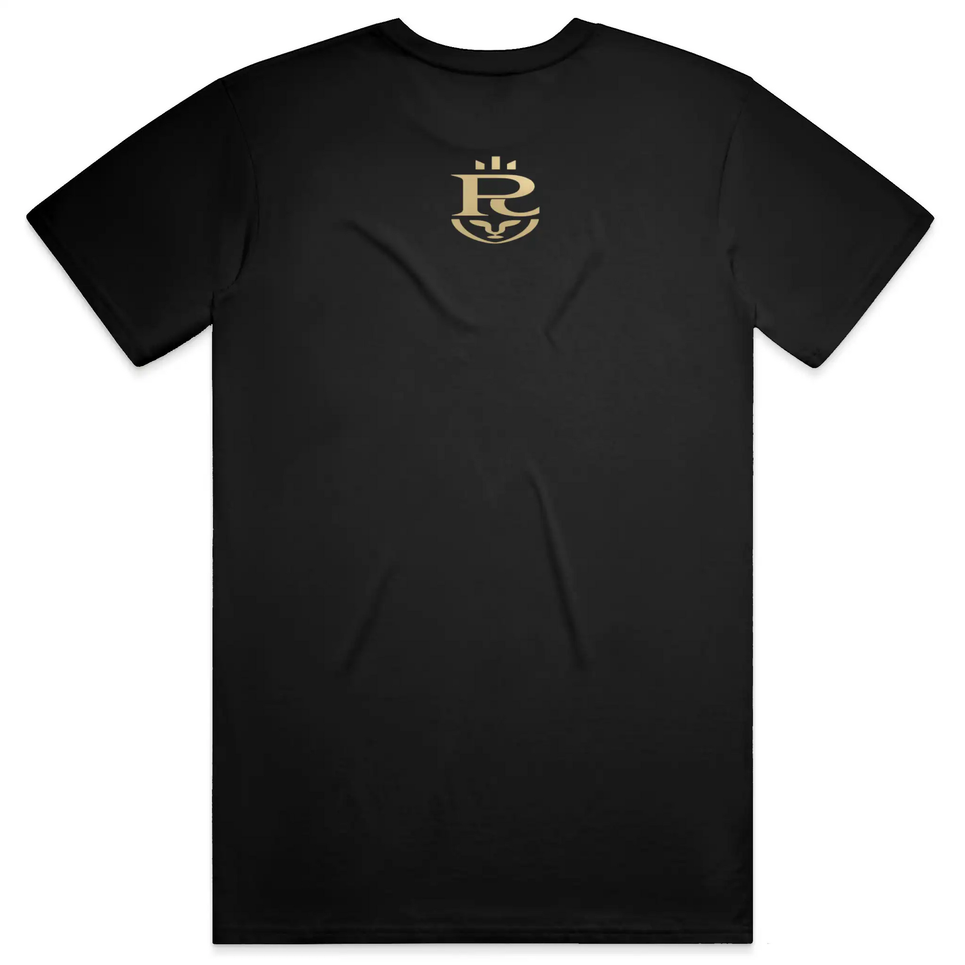 Premium minimalist teddy bear graphic t-shirt with gold crest logo on back in black and white colorways