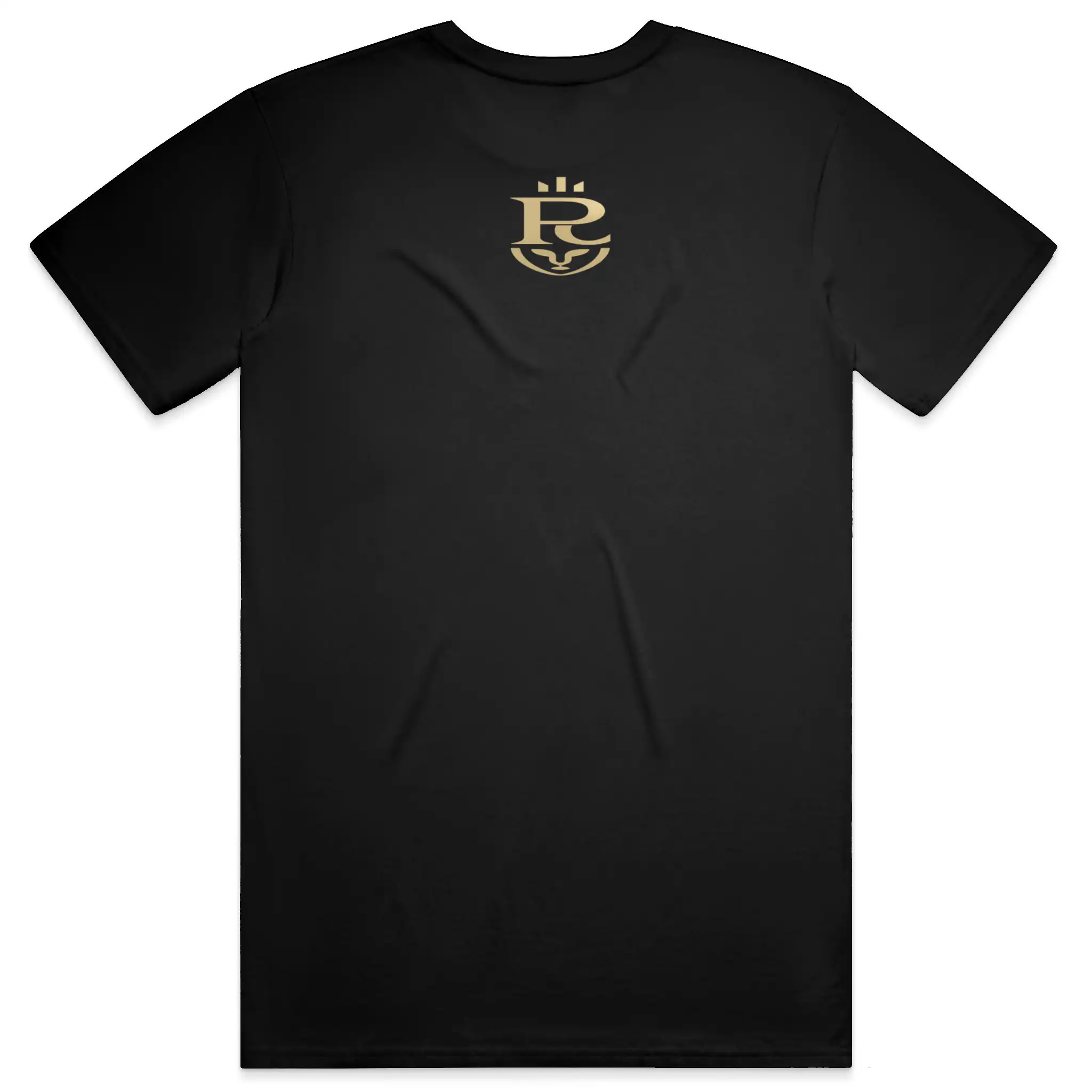Premium minimalist teddy bear graphic t-shirt with gold crest logo on back in black and white colorways