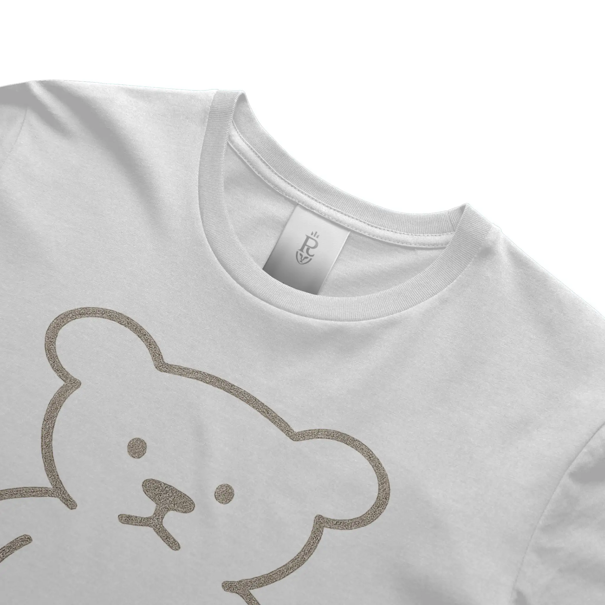 Premium minimalist teddy bear graphic t-shirt with gold crest logo on back in black and white colorways