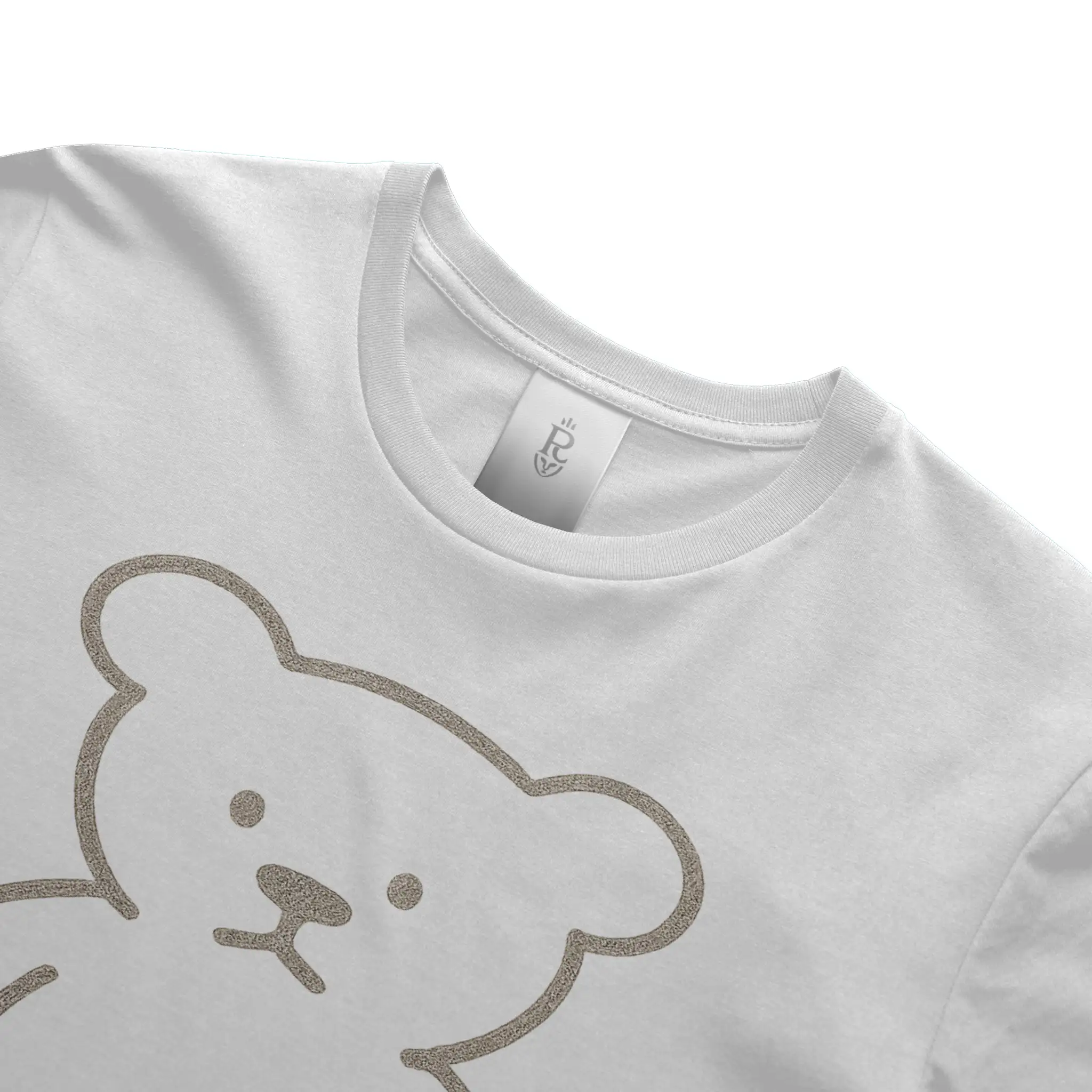 Premium minimalist teddy bear graphic t-shirt with gold crest logo on back in black and white colorways