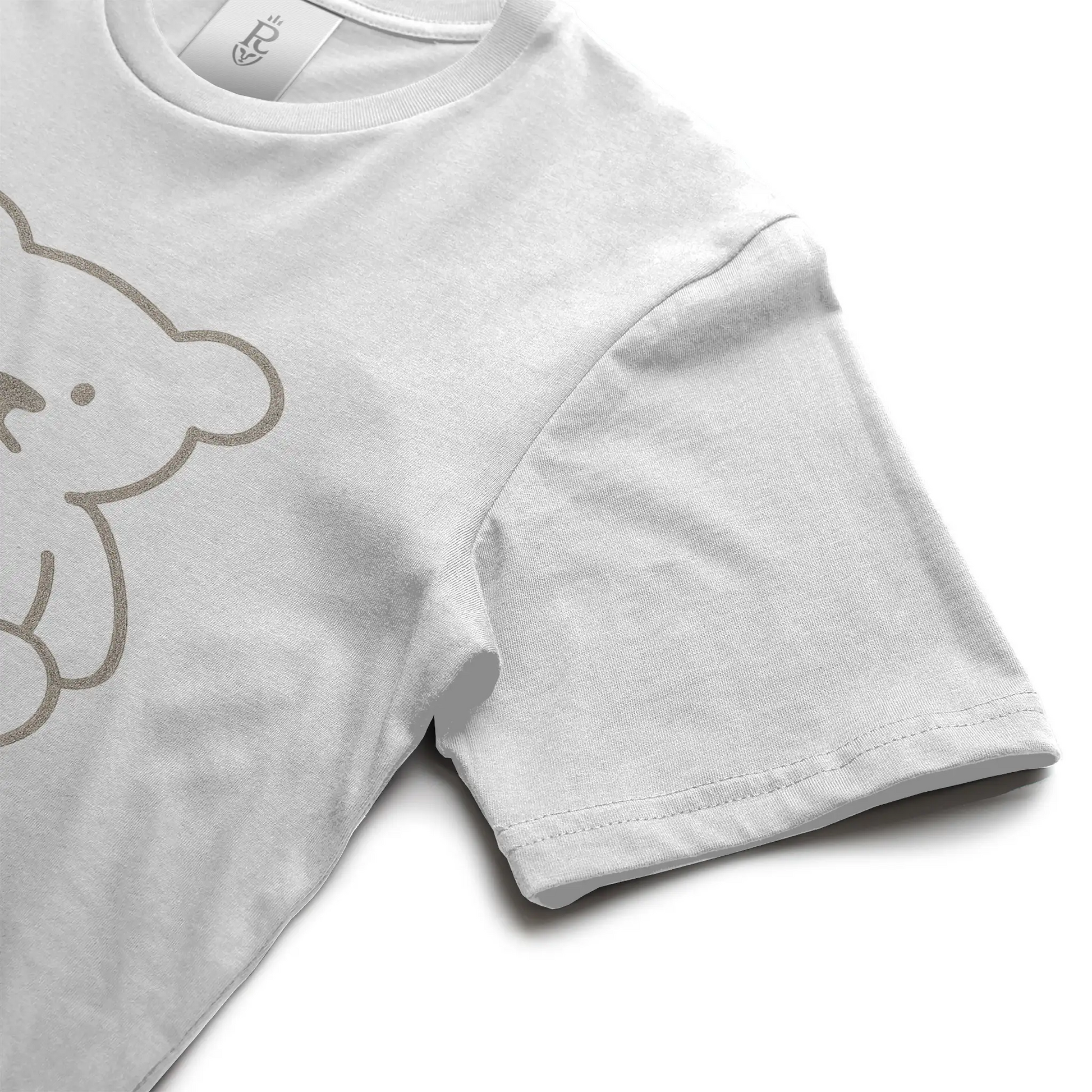 Premium minimalist teddy bear graphic t-shirt with gold crest logo on back in black and white colorways