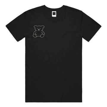 Black premium t-shirt with minimal embroidered teddy bear design on chest, modern streetwear style