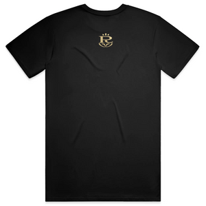 Black streetwear t-shirt featuring small gold crest logo on upper back, minimalist premium design