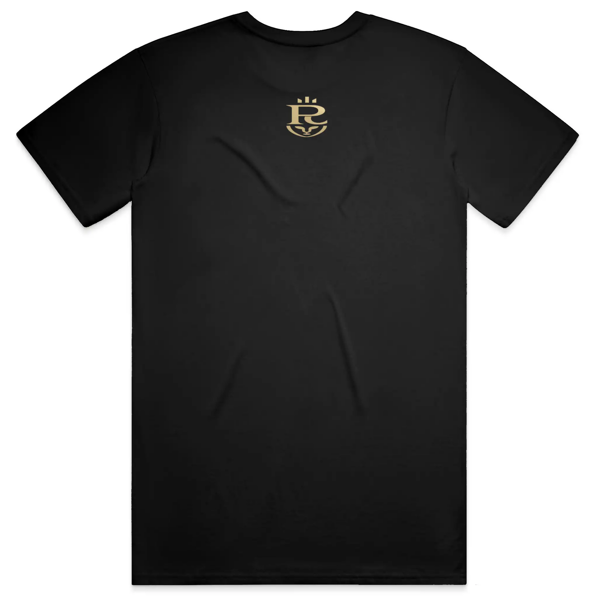 Black streetwear t-shirt featuring small gold crest logo on upper back, minimalist premium design