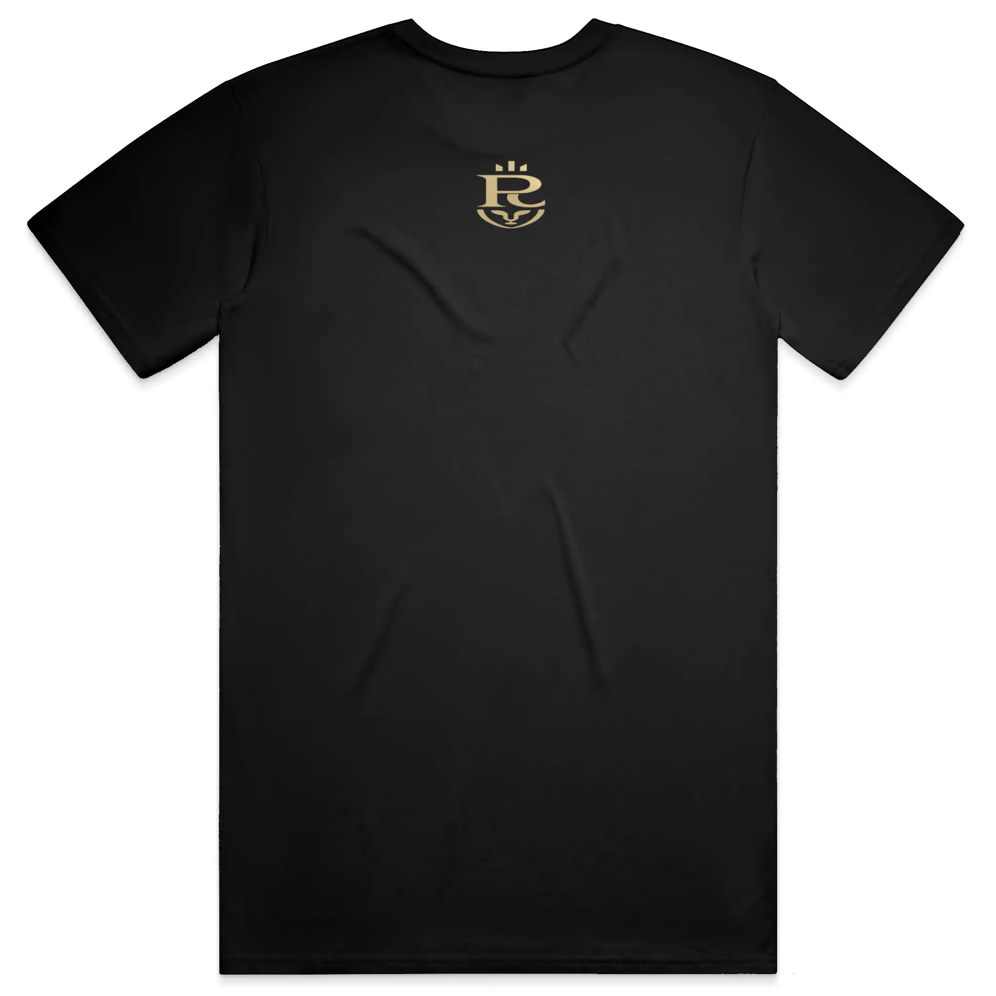 Black streetwear t-shirt featuring small gold crest logo on upper back, minimalist premium design