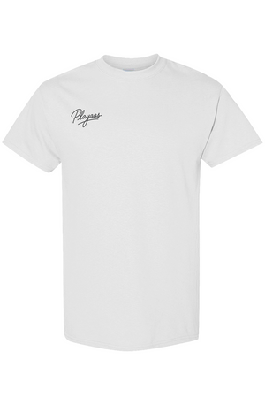 PLAYAAS Signature Script T-Shirt featuring minimalist chest logo and subtle back crest, available in black and white, premium streetwear tee with a clean, modern fit.