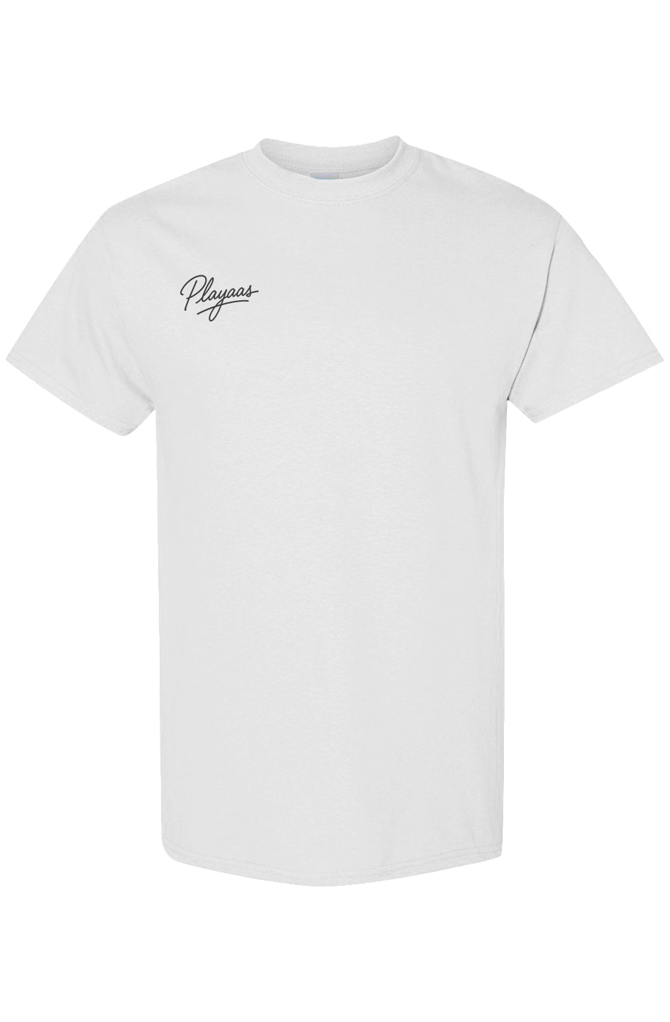 PLAYAAS Signature Script T-Shirt featuring minimalist chest logo and subtle back crest, available in black and white, premium streetwear tee with a clean, modern fit.