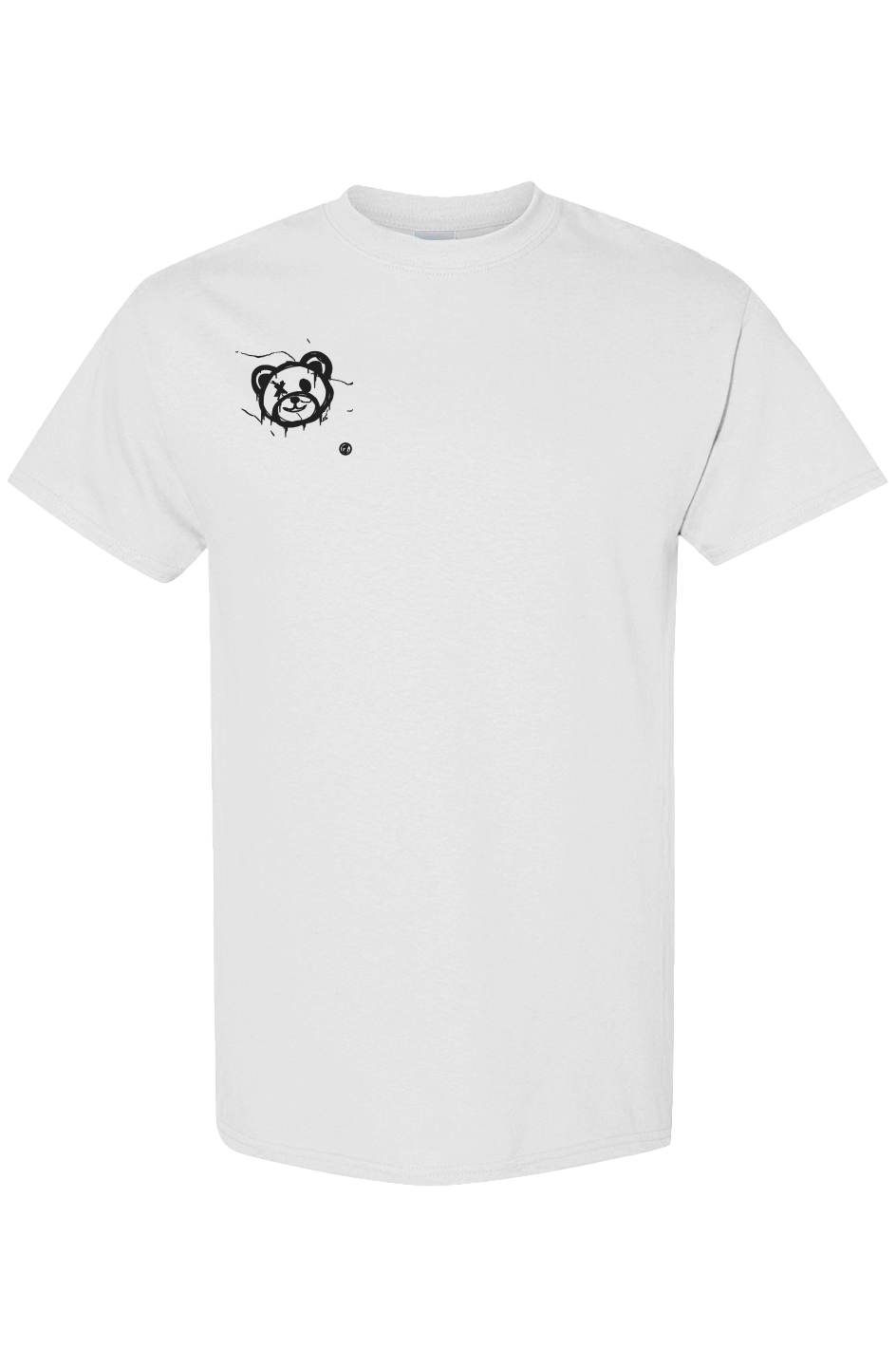 Black and white t-shirts featuring a small distressed teddy bear face graphic on the front left chest and a gold PLAYAAS emblem centered on the upper back.