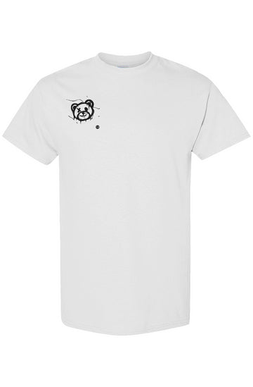 Black and white t-shirts featuring a small distressed teddy bear face graphic on the front left chest and a gold PLAYAAS emblem centered on the upper back.