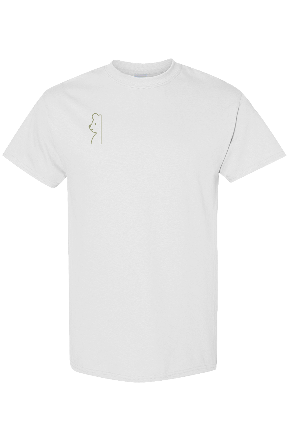 Black and white t-shirts featuring a small minimalist teddy line-art graphic on the front left chest and a gold PLAYAAS emblem centered on the upper back.