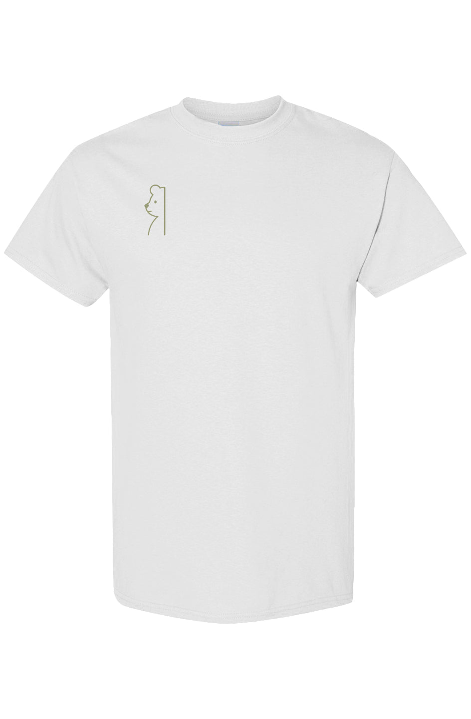 Black and white t-shirts featuring a small minimalist teddy line-art graphic on the front left chest and a gold PLAYAAS emblem centered on the upper back.