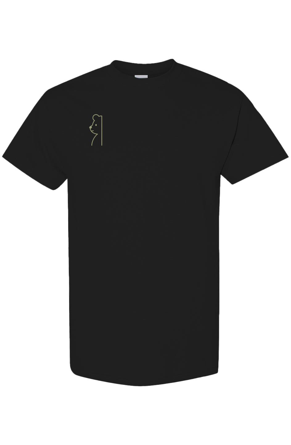Black and white t-shirts featuring a small minimalist teddy line-art graphic on the front left chest and a gold PLAYAAS emblem centered on the upper back.