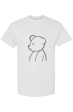 Black t-shirt with a hand-drawn teddy bear sketch graphic on the front and a small gold PLAYAAS emblem centered on the upper back.