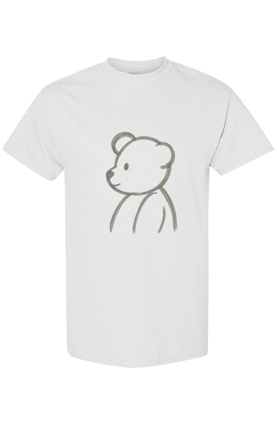 Black t-shirt with a hand-drawn teddy bear sketch graphic on the front and a small gold PLAYAAS emblem centered on the upper back.