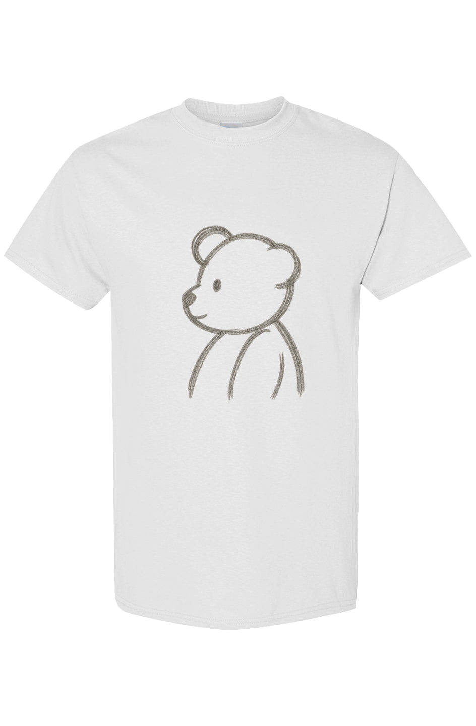 Black t-shirt with a hand-drawn teddy bear sketch graphic on the front and a small gold PLAYAAS emblem centered on the upper back.