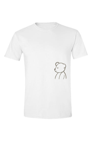 White t-shirt with a small minimalist teddy bear sketch printed on the lower front and a subtle PLAYAAS emblem on the upper back.