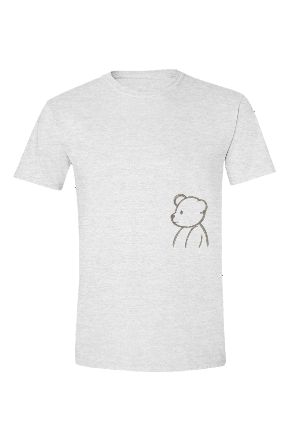 White t-shirt with a small minimalist teddy bear sketch printed on the lower front and a subtle PLAYAAS emblem on the upper back.