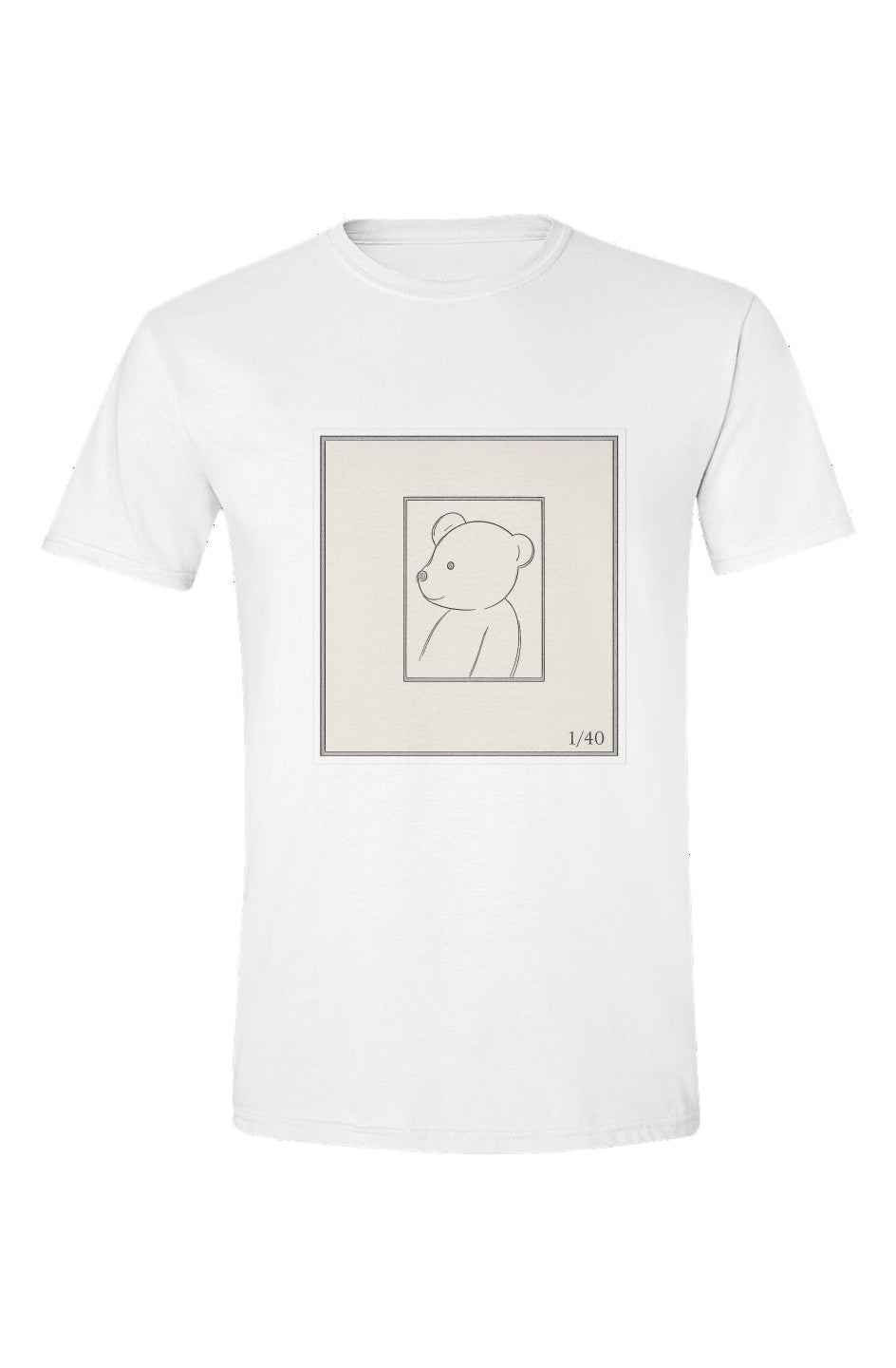Alt Text:
LIMITED EDITION TEDDY BEAR TEE by PLAYAAS - a minimalist design featuring a teddy bear sketch inside a frame with a limited edition "1/40" label.
