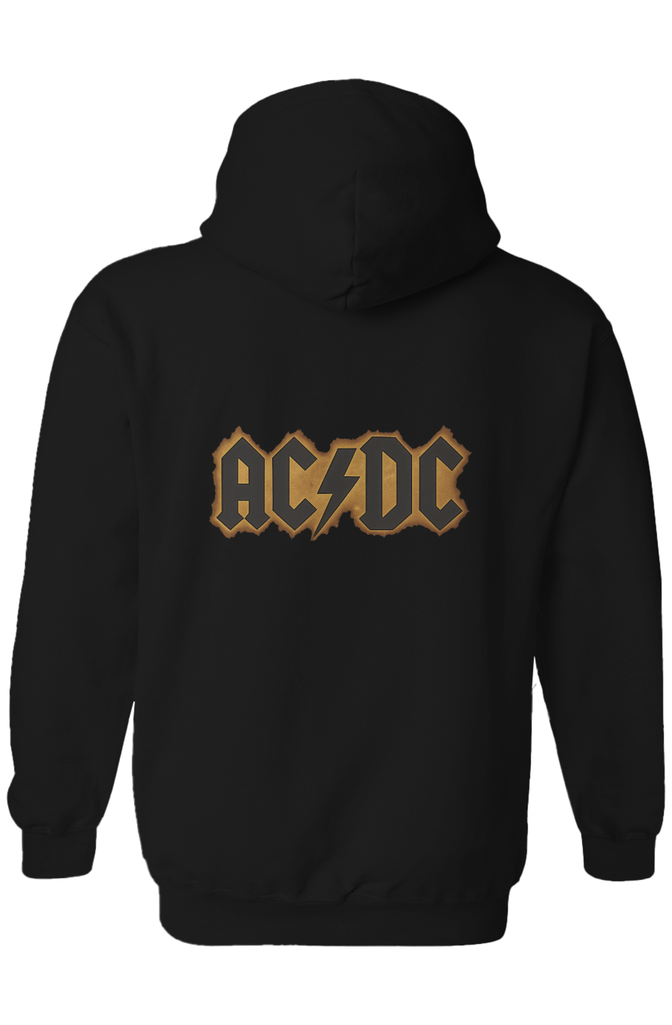 Black hoodie with AC/DC lightning-style graphic printed on the back and a small gold emblem on the front chest, AC/DC streetwear hoodie.