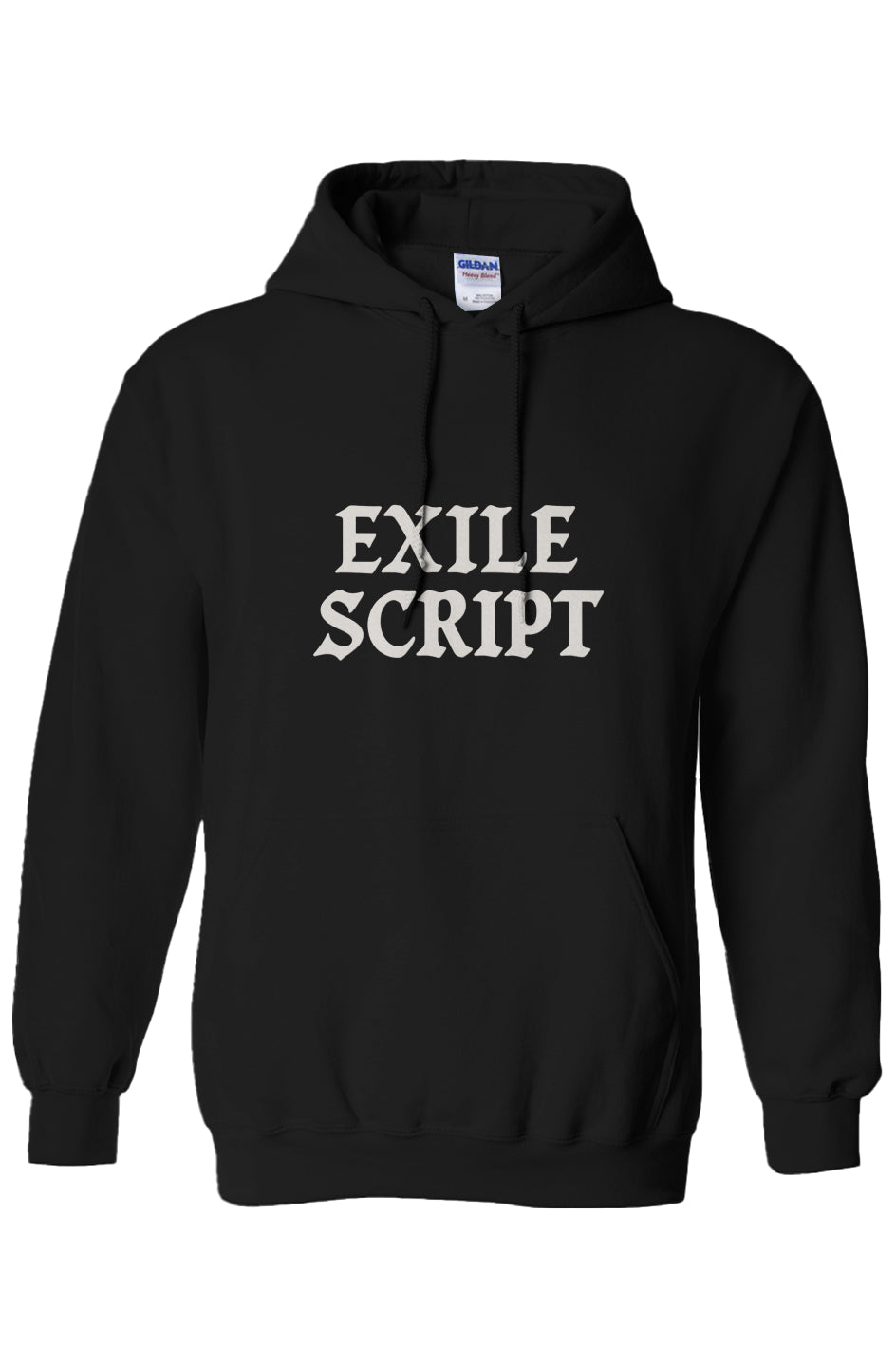 Black hoodie with EXILE SCRIPT text printed on the front and a small gold emblem centered below the hood on the back, EXILE SCRIPT streetwear hoodie.
