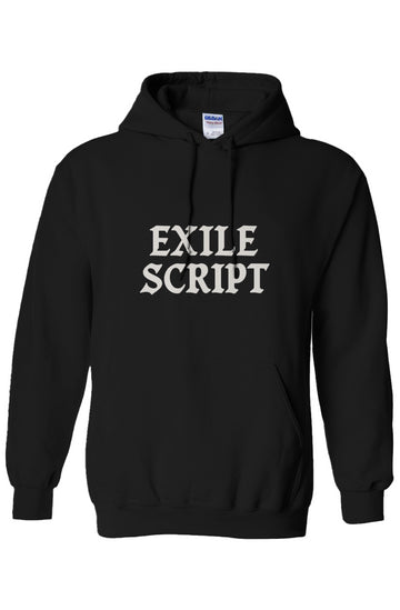 Black hoodie with EXILE SCRIPT text printed on the front and a small gold emblem centered below the hood on the back, EXILE SCRIPT streetwear hoodie.