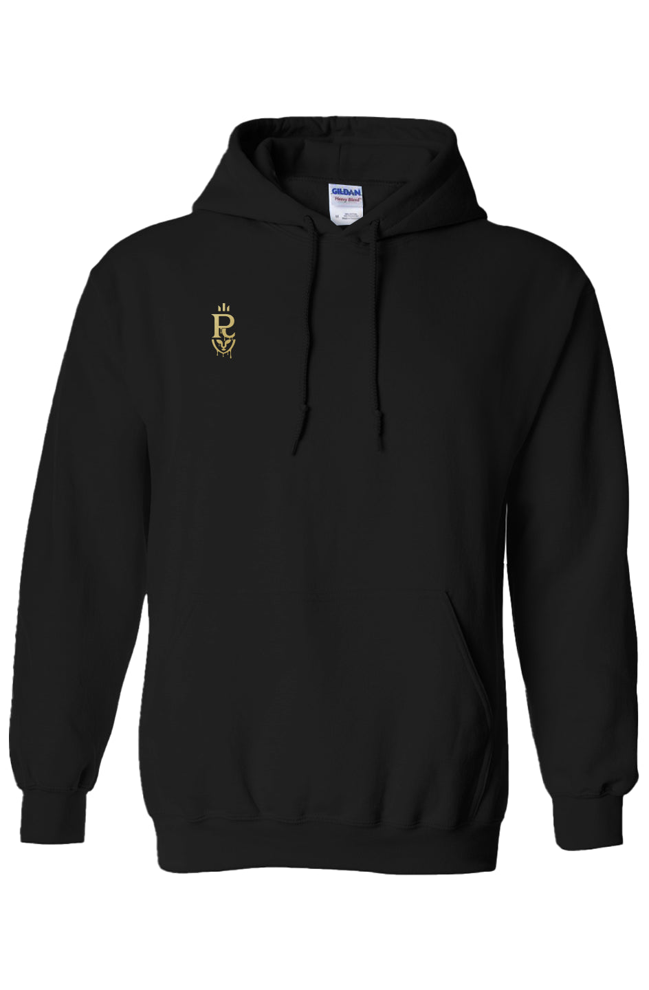 Black hoodie with a large monochrome devotional figure graphic on the back and a small gold emblem on the front chest, CULT LEADER streetwear hoodie.