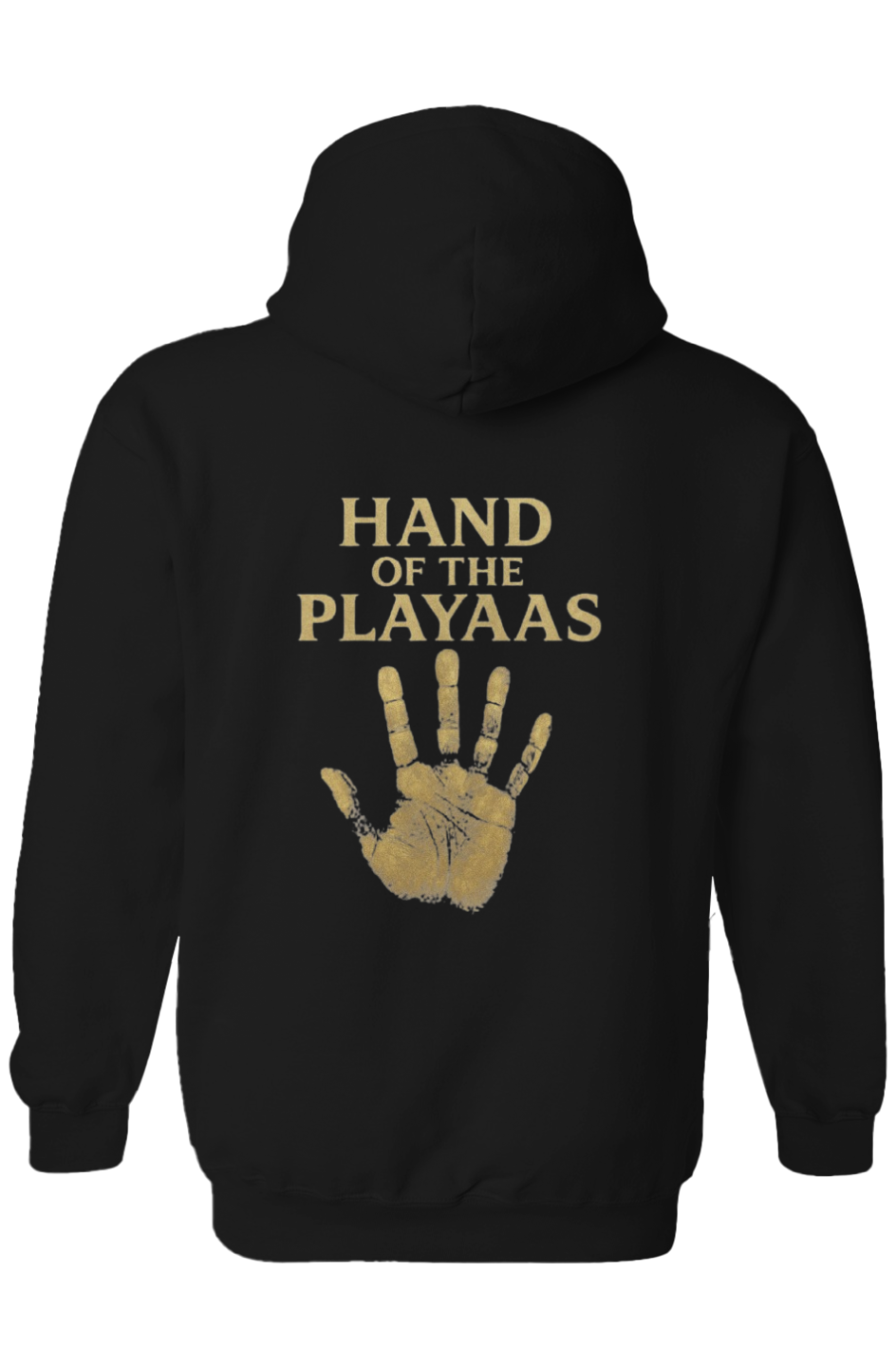 Black heavyweight PLAYAAS CULTURE® hoodie with gold crest worn by male model on white background
