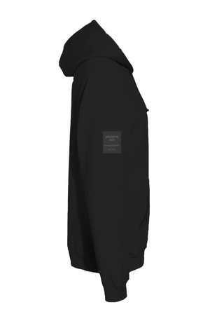 ARCHIVE 001 heavyweight oversized hoodie with minimalist design, no exterior branding, premium 550 GSM fleece construction.