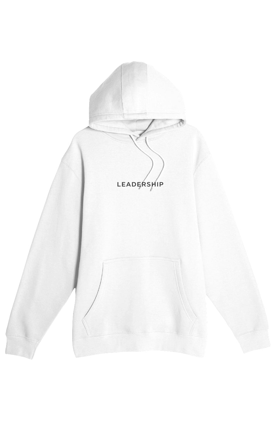 Strong model wearing PLAYAAS CULTURE® Leadership hoodie in minimalist white and black colorways, front and back views on clean white background.