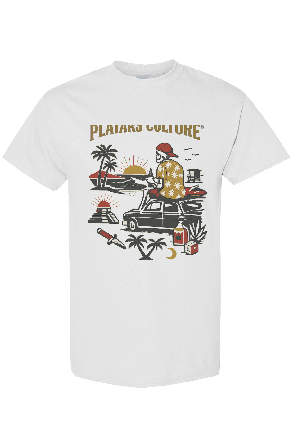 PLAYAAS CULTURE® graphic T-shirt featuring vintage coastal road-trip artwork with surf, car, palm trees, and sunset illustration, available in black and white.