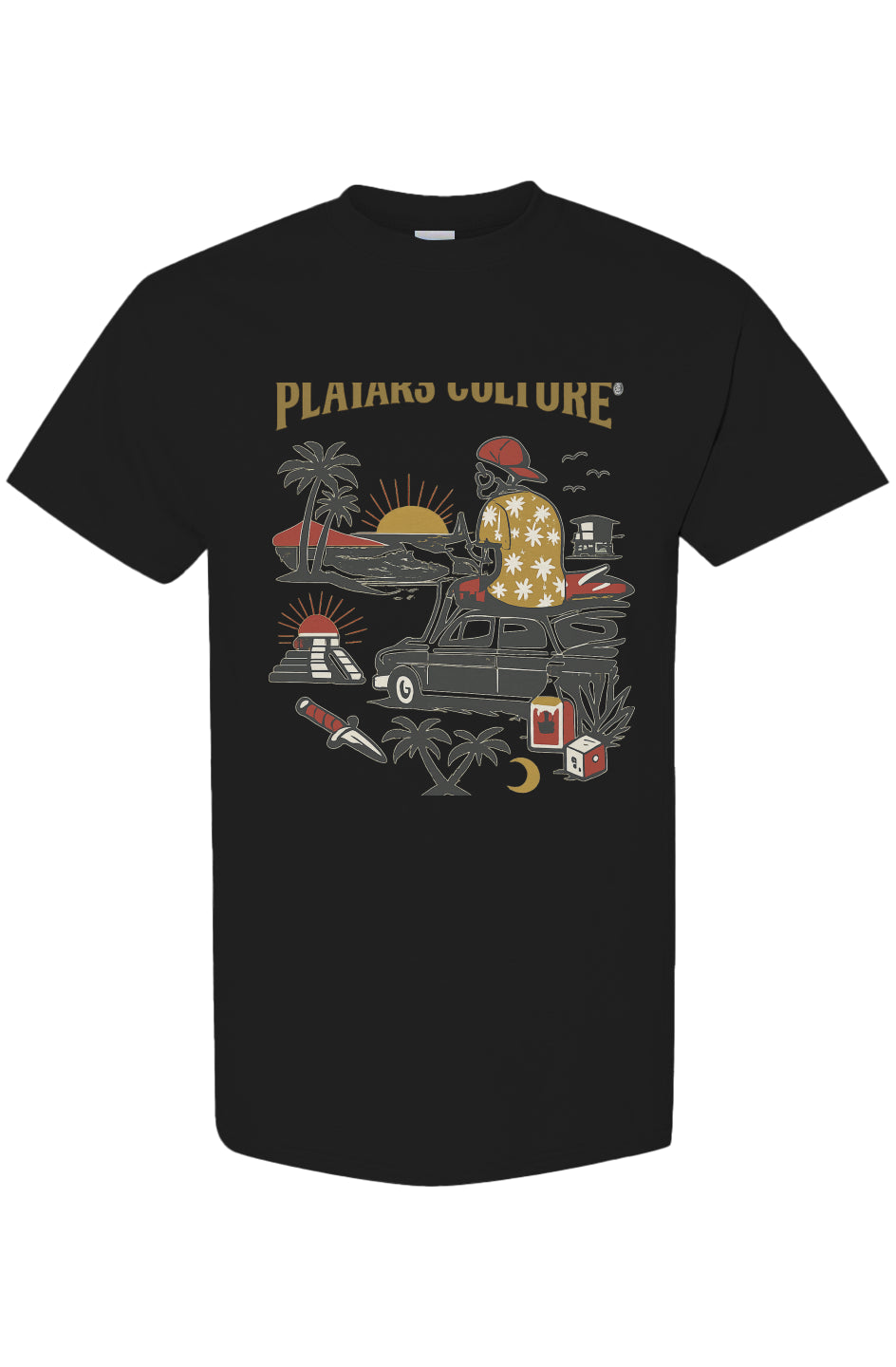 PLAYAAS CULTURE® graphic T-shirt featuring vintage coastal road-trip artwork with surf, car, palm trees, and sunset illustration, available in black and white.