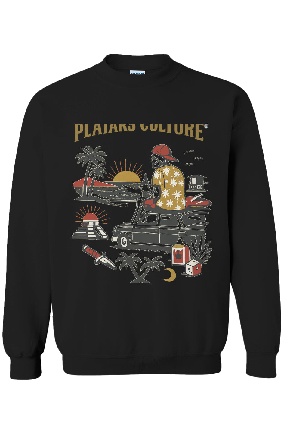 Black PLAYAAS CULTURE® graphic crewneck sweatshirt featuring vintage coastal road-trip artwork with surf, car, palm trees, and sunset illustration.