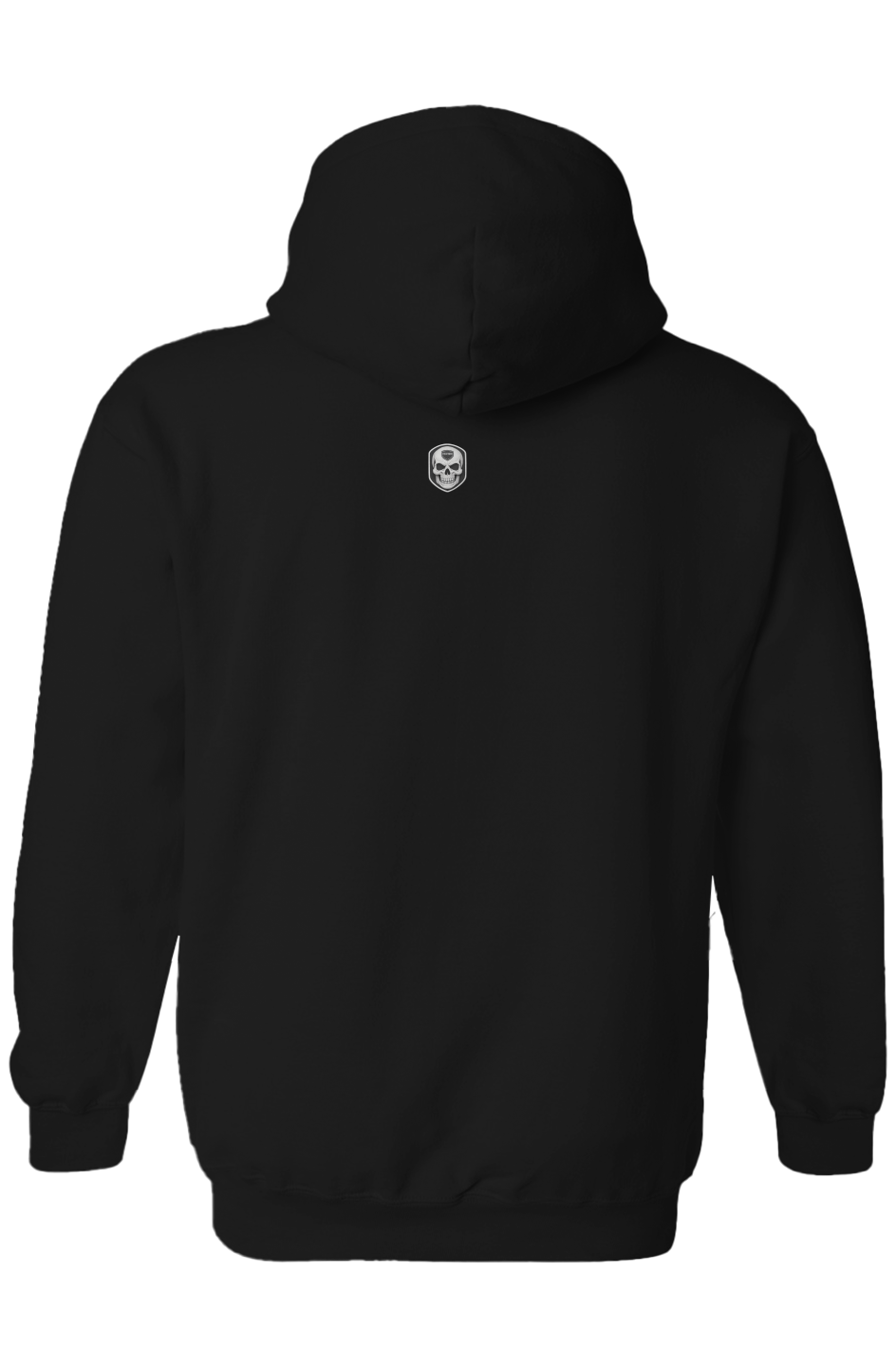Back view of SENTINEL HOODIE with skull detail beneath hood on black background