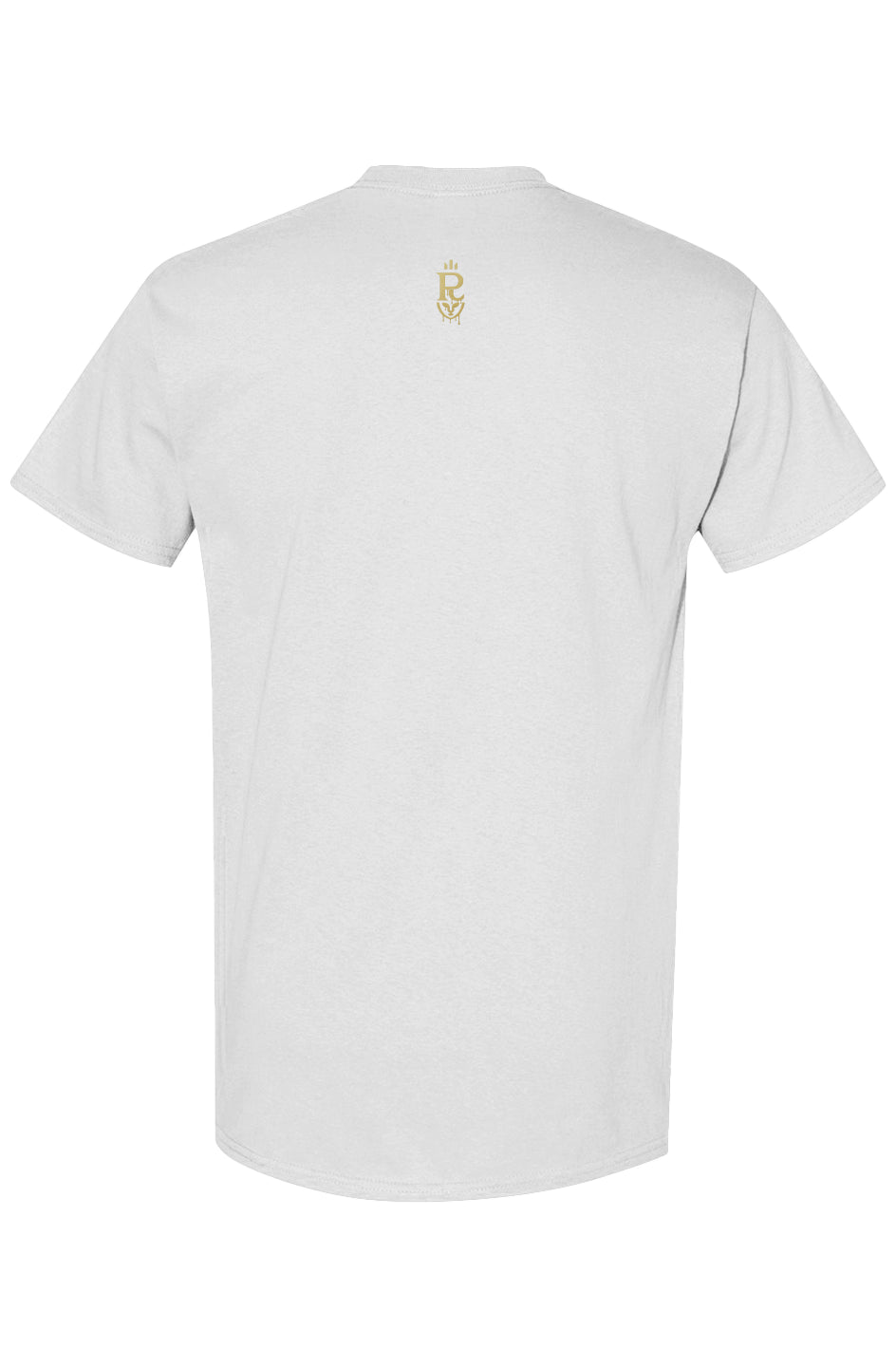 Minimalist crewneck tee with tonal chest badge and gold back-neck crest. Soft, breathable comfort in Black or White—an elevated everyday essential.