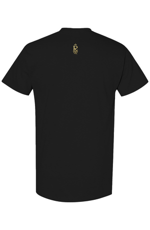 Minimalist crewneck tee with tonal chest badge and gold back-neck crest. Soft, breathable comfort in Black or White—an elevated everyday essential.