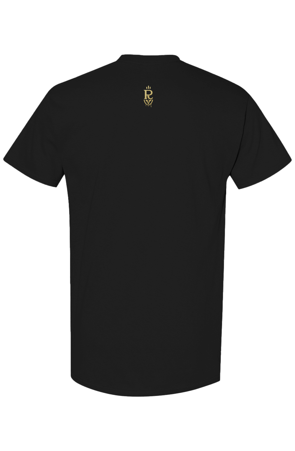 Minimalist crewneck tee with tonal chest badge and gold back-neck crest. Soft, breathable comfort in Black or White—an elevated everyday essential.
