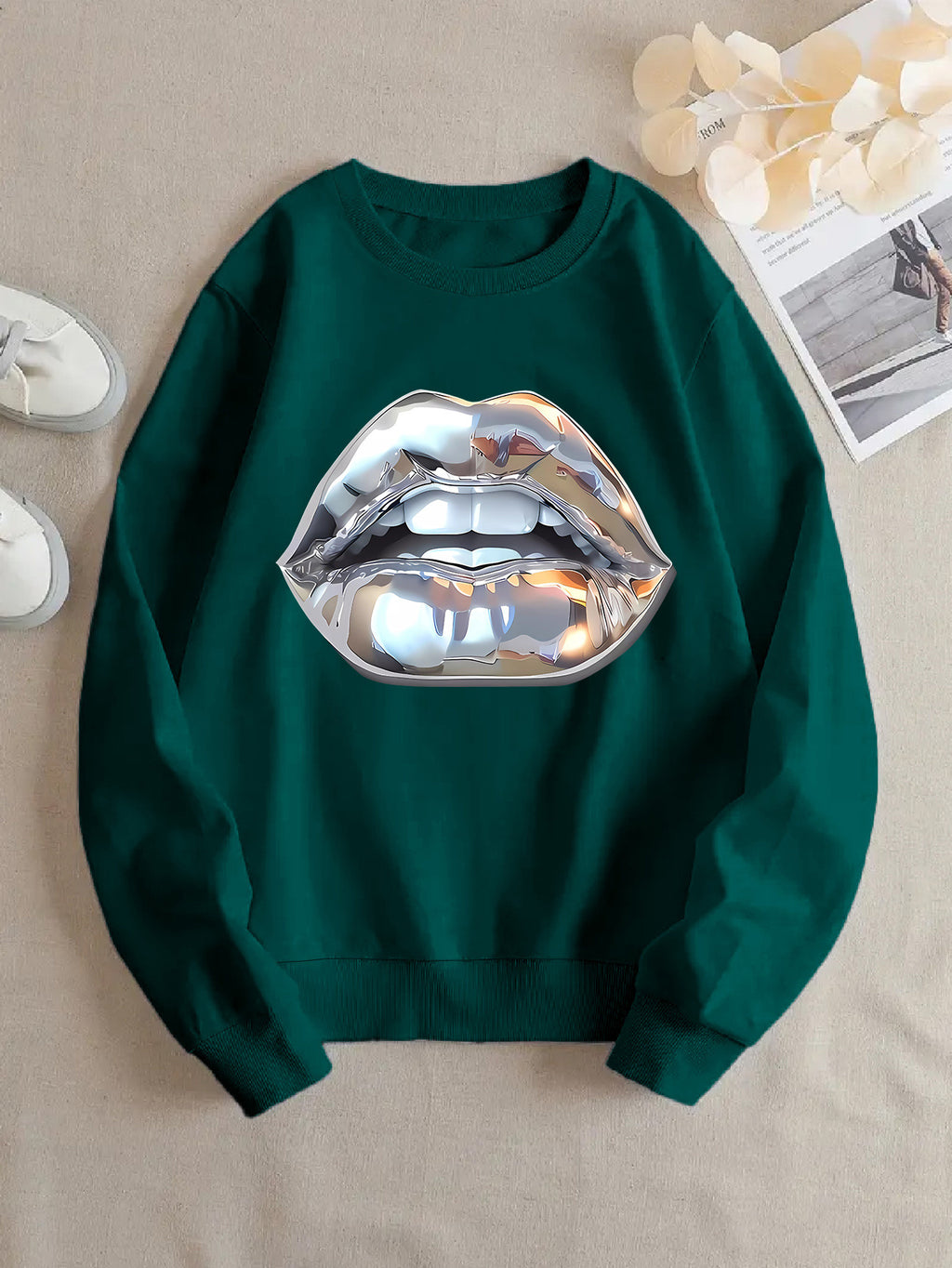 Womens Cartoon Silver Lip-Printed Sweatshirt