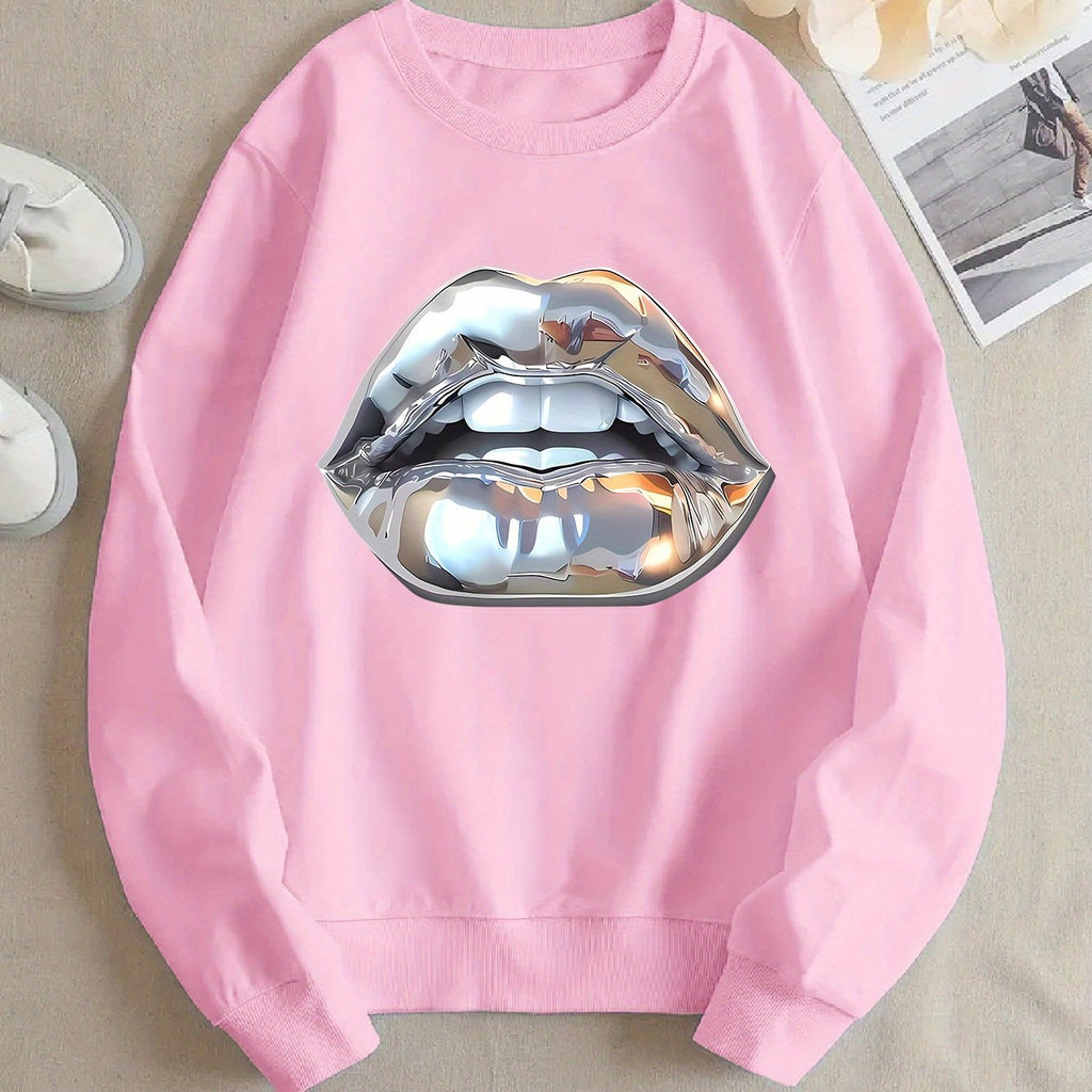 Womens Cartoon Silver Lip-Printed Sweatshirt