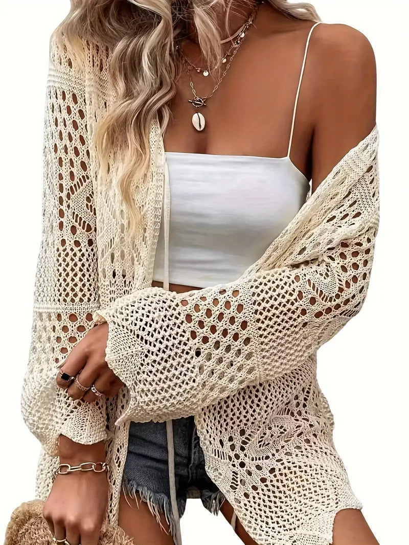 Solid Color Knitted Beach Cover Up Cardigan – Lightweight Sun Protection Swimwear Layer