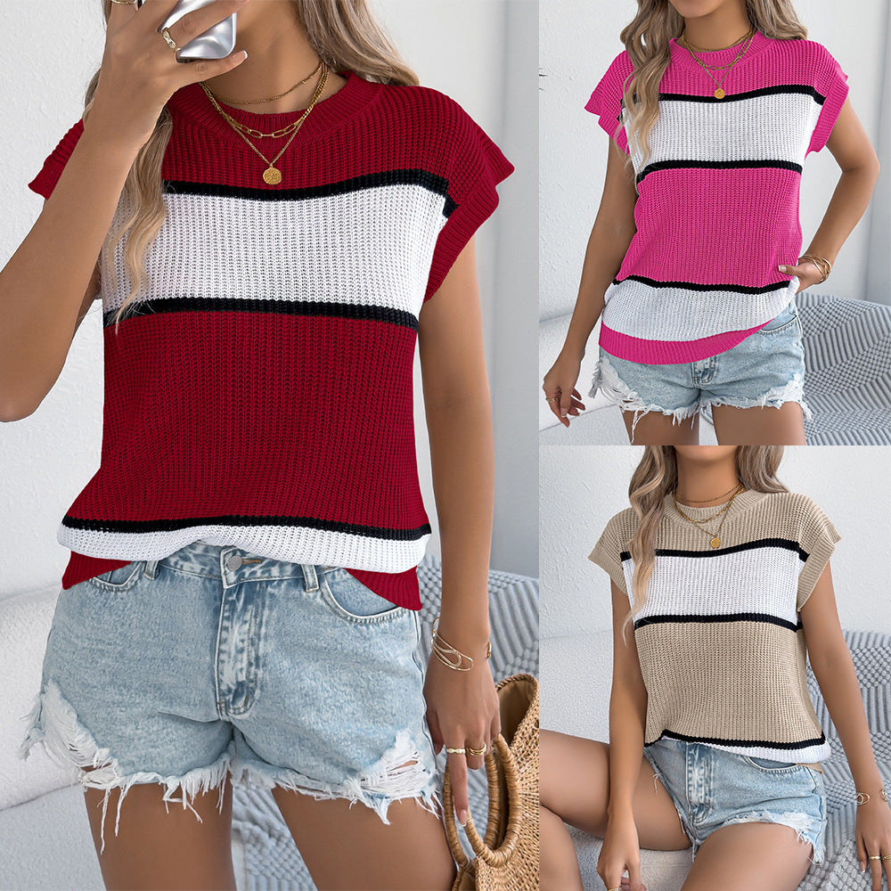 SpringSummer Contrasting-Color Striped Casual Loose Knit Sweater