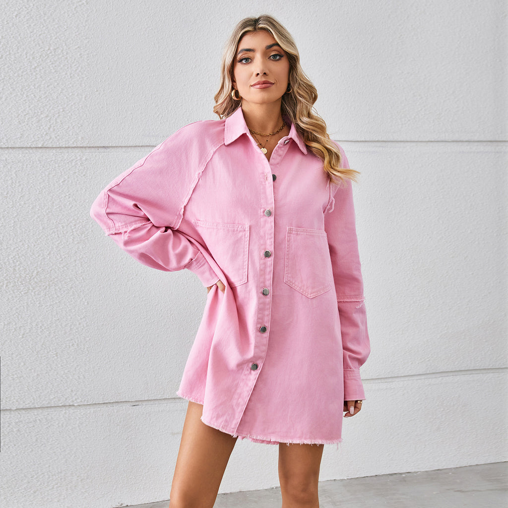 Washed Raw Edge Denim Dress Cardigan – Long Sleeve Stitching Denim Jacket Dress Women